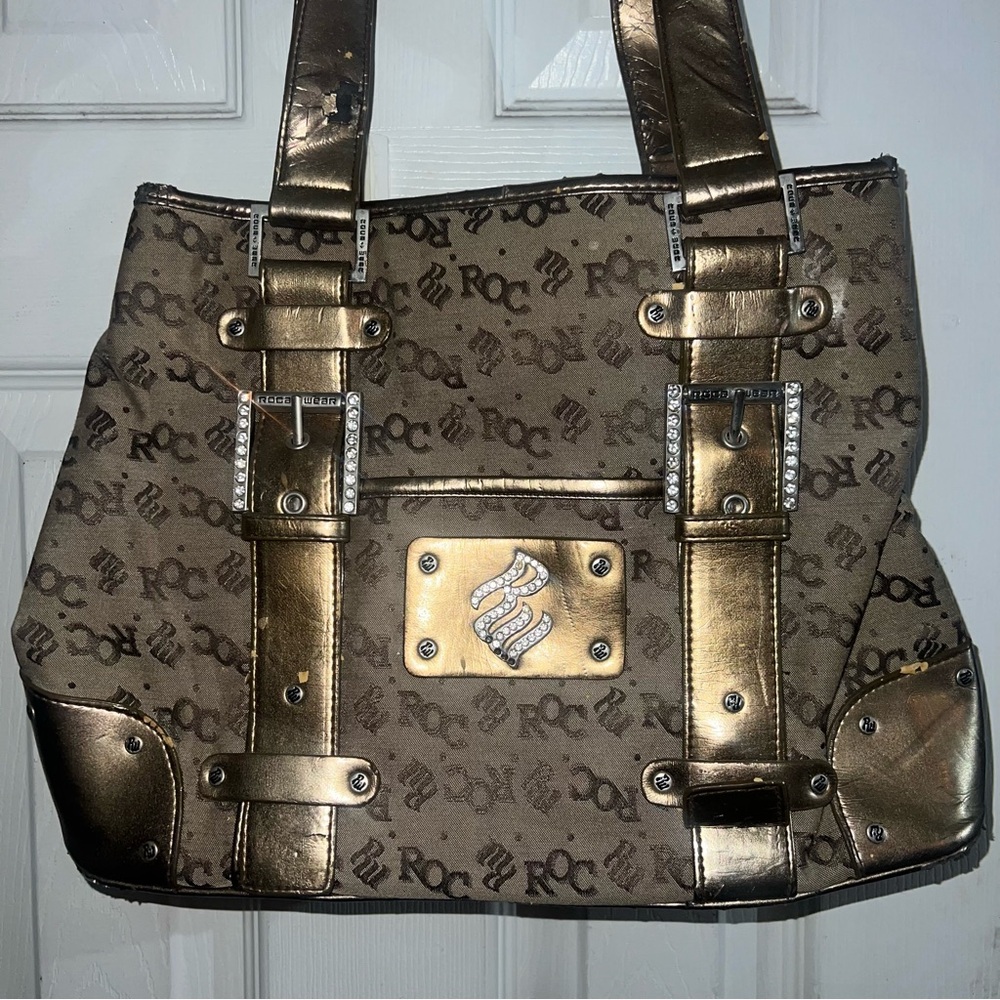 Vintage Rocawear Bronze Brown Shoulder Bag with Monogram Print
